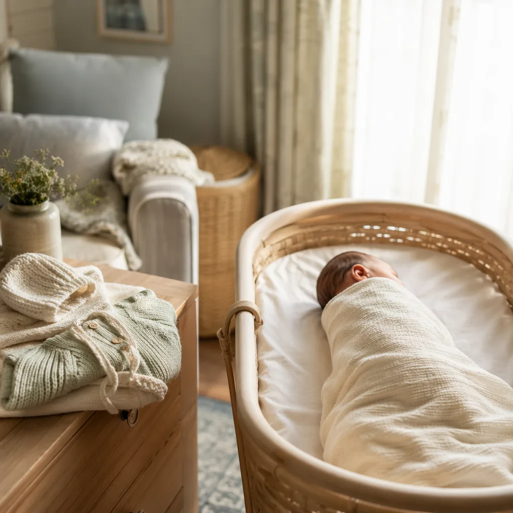 A softly lit cozy nursery with a swaddled newborn in a wooden bassinet and folded baby knits nearby.