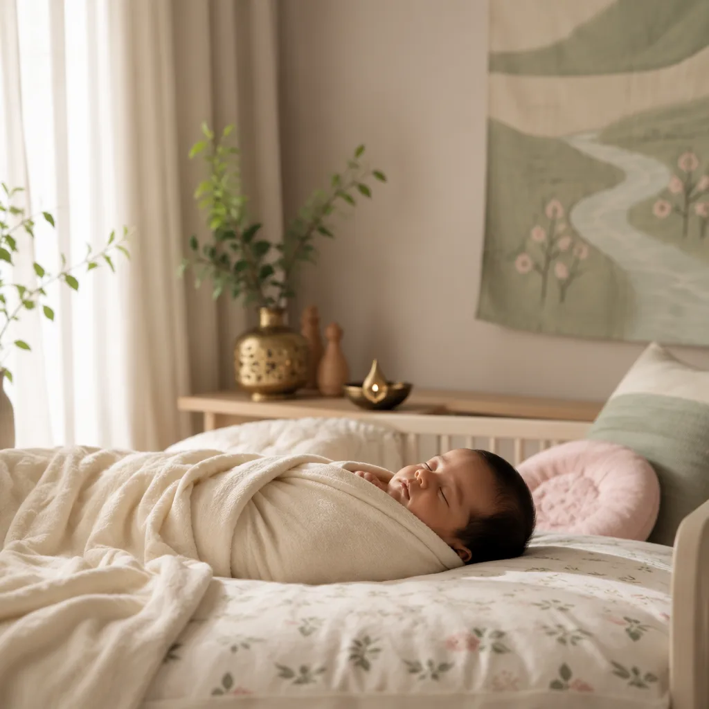 A serene pastel nursery with a swaddled sleeping baby and gentle river-inspired decor.