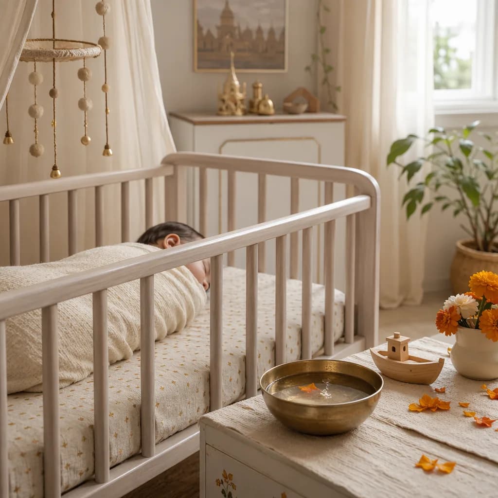 Soft pastel nursery with a swaddled baby and river-inspired Indian accents.