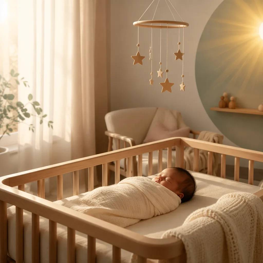 Sleeping swaddled baby in a softly lit nursery with a star mobile and warm sun rays.
