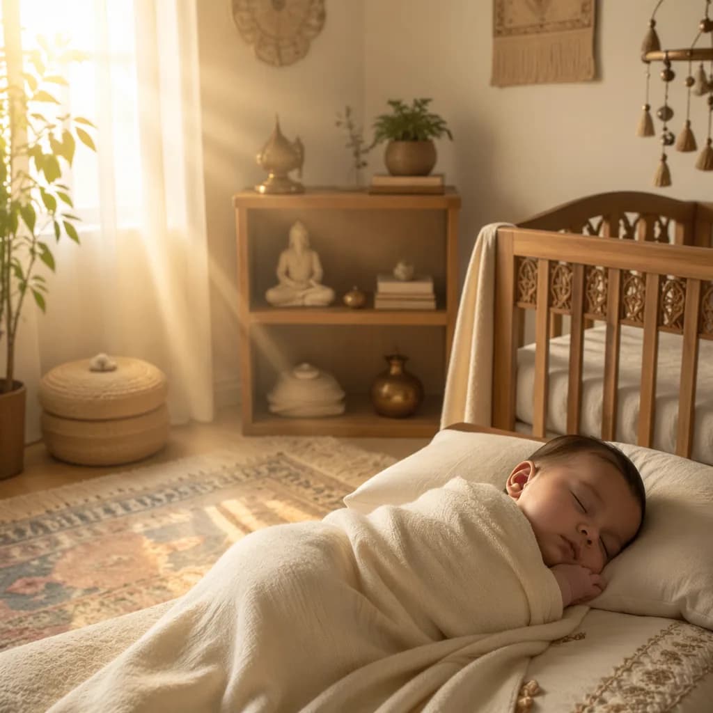 Sleeping baby in a soft nursery lit by warm morning sunbeams with subtle Indian-inspired decor.