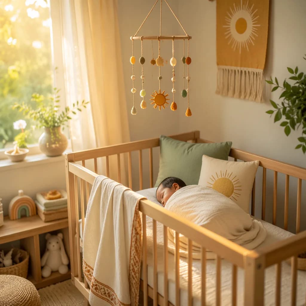 Soft sunlit nursery with a swaddled baby in a cozy crib, evoking light and warmth.