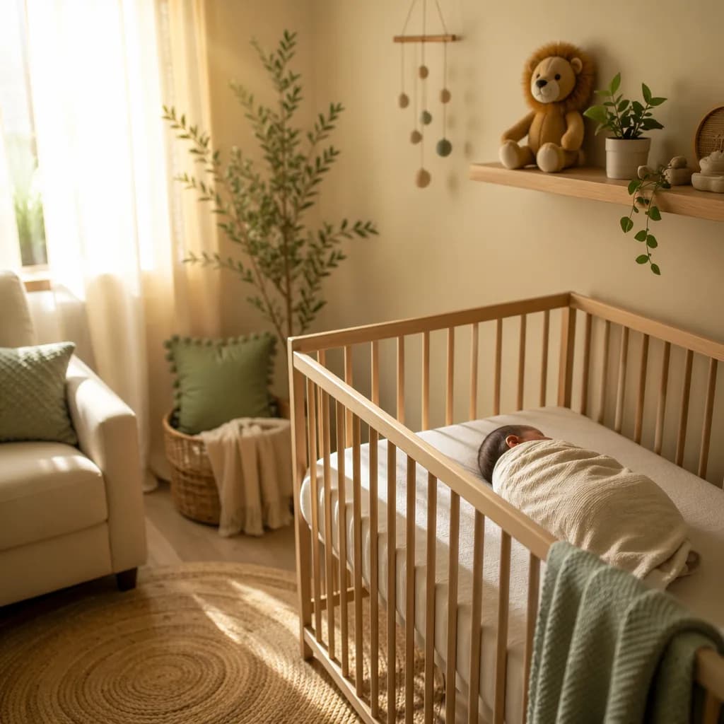 Soft sunlit nursery with a sleeping baby and gentle lion detail.