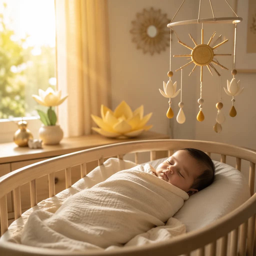 A peaceful swaddled baby in a softly lit pastel nursery with sunray and lotus accents.