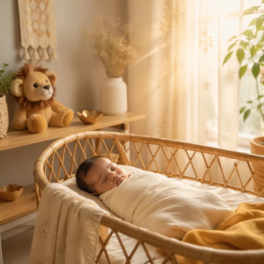 Sleeping swaddled baby in a warm pastel nursery with sunlight and a lion plush.