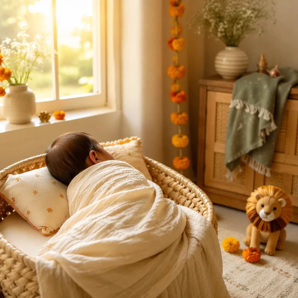 A cozy sunlit nursery with a swaddled baby, soft pastel decor, and a small wooden lion toy.