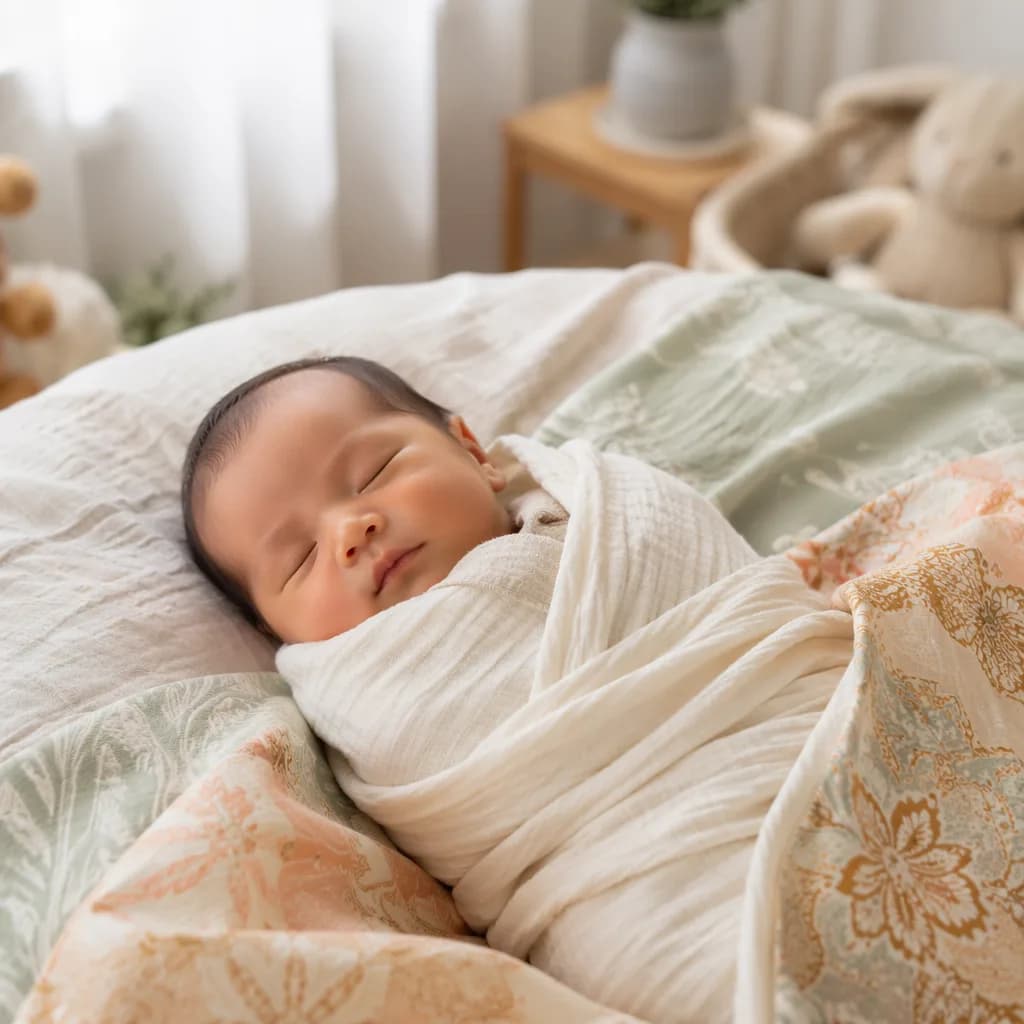 Sleeping baby in a warm pastel Indonesian-inspired nursery.