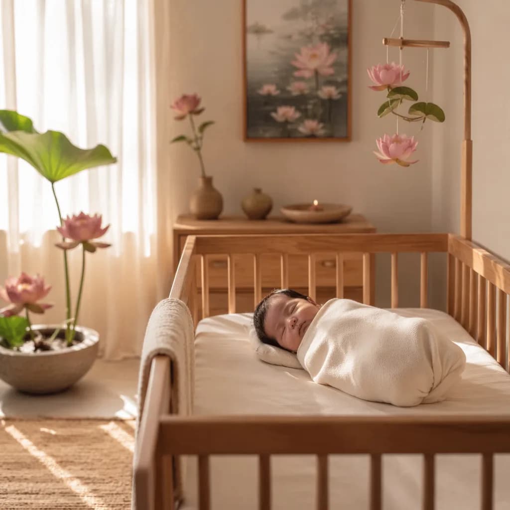 Sleeping baby in a soft pastel Indian-inspired nursery with gentle natural light