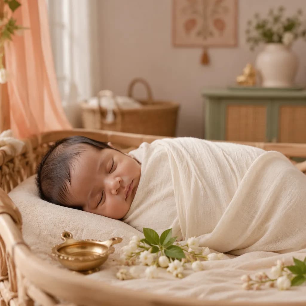 Sleeping newborn in a soft pastel nursery with gentle Indian-inspired details