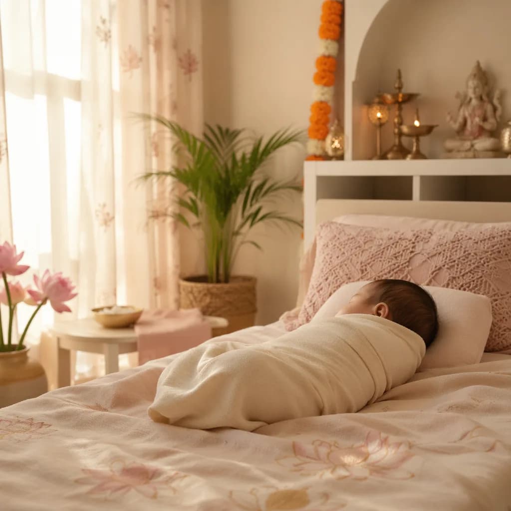 A peaceful pastel nursery with a swaddled baby and subtle Indian-inspired decor.