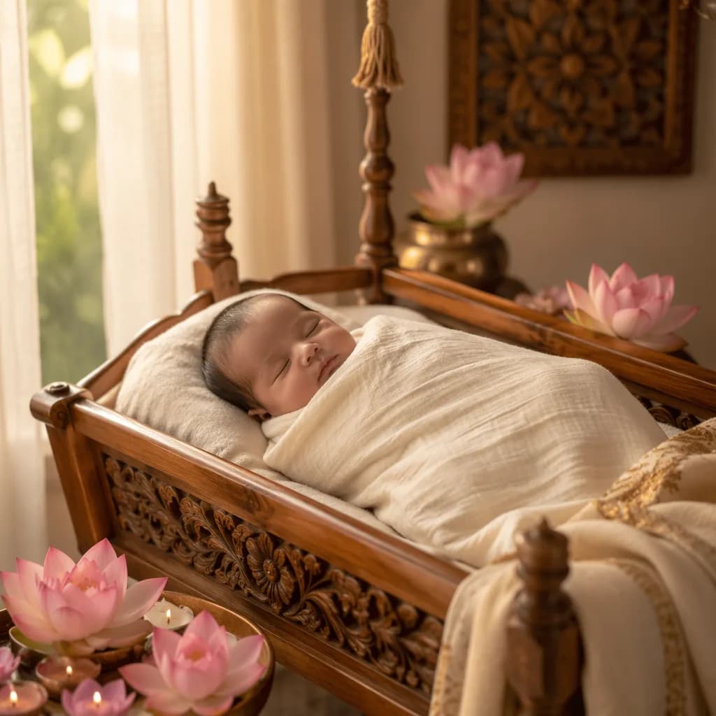 Sleeping swaddled baby in a soft pastel nursery with lotus flowers and warm natural light.