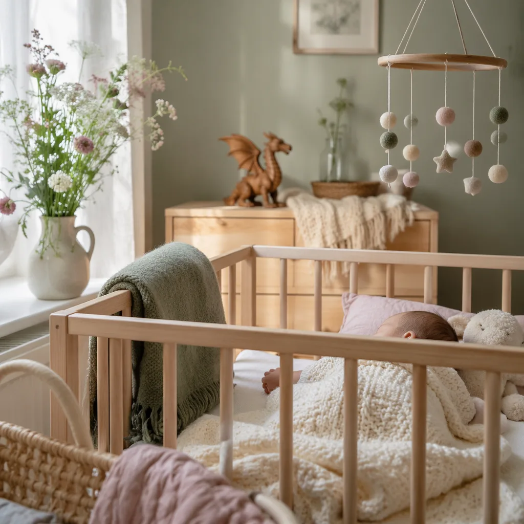 Soft Welsh-inspired nursery with a sleeping baby, wildflowers, and a wooden dragon toy.