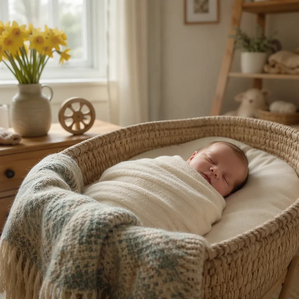 Cozy Welsh-inspired nursery with a swaddled sleeping baby, daffodils, and a wooden toy wheel.