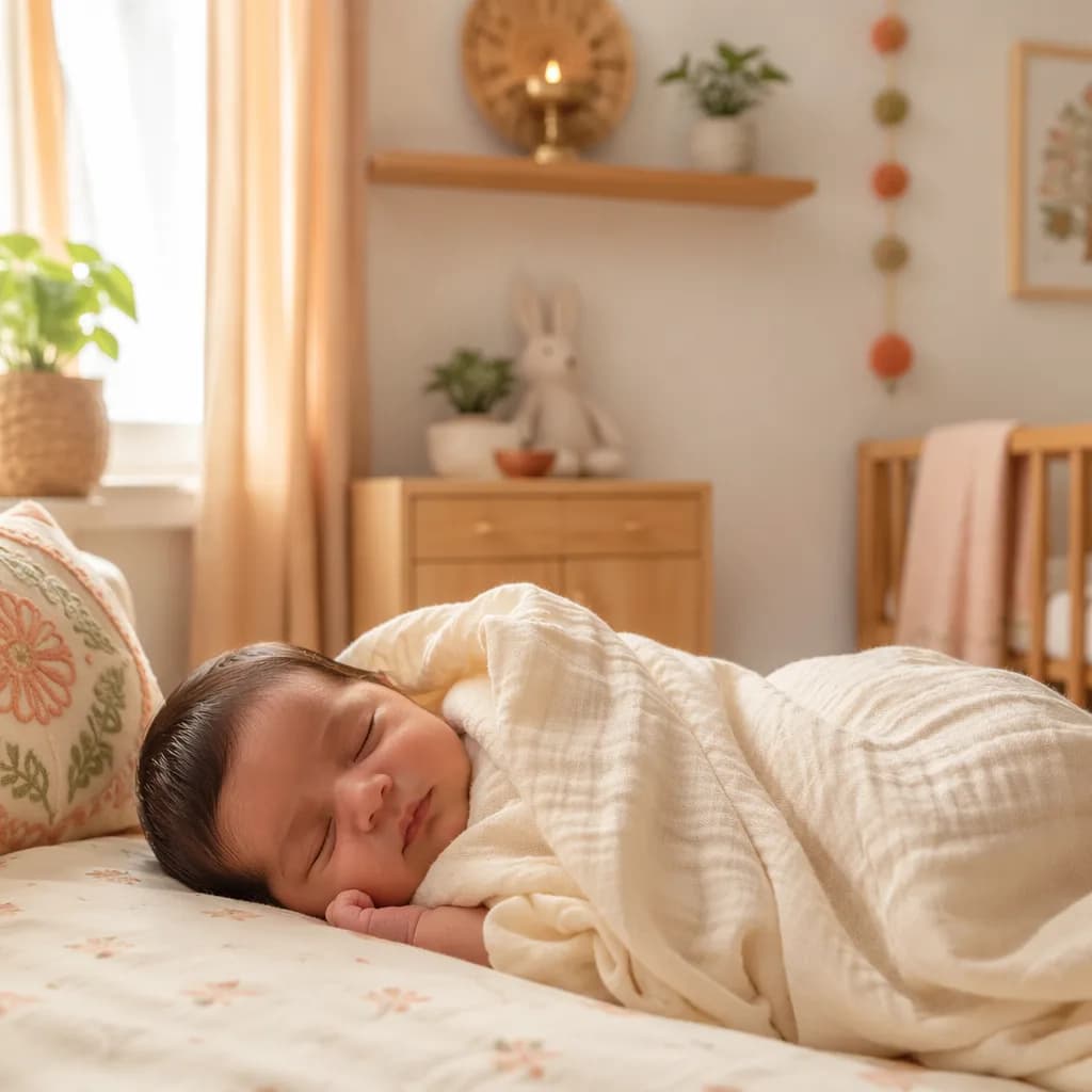 Peaceful newborn in a warm pastel nursery with subtle Indian-inspired decor.