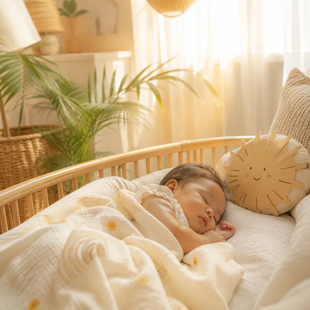 Sleeping Filipino baby in a sunlit pastel nursery with warm, cozy decor.