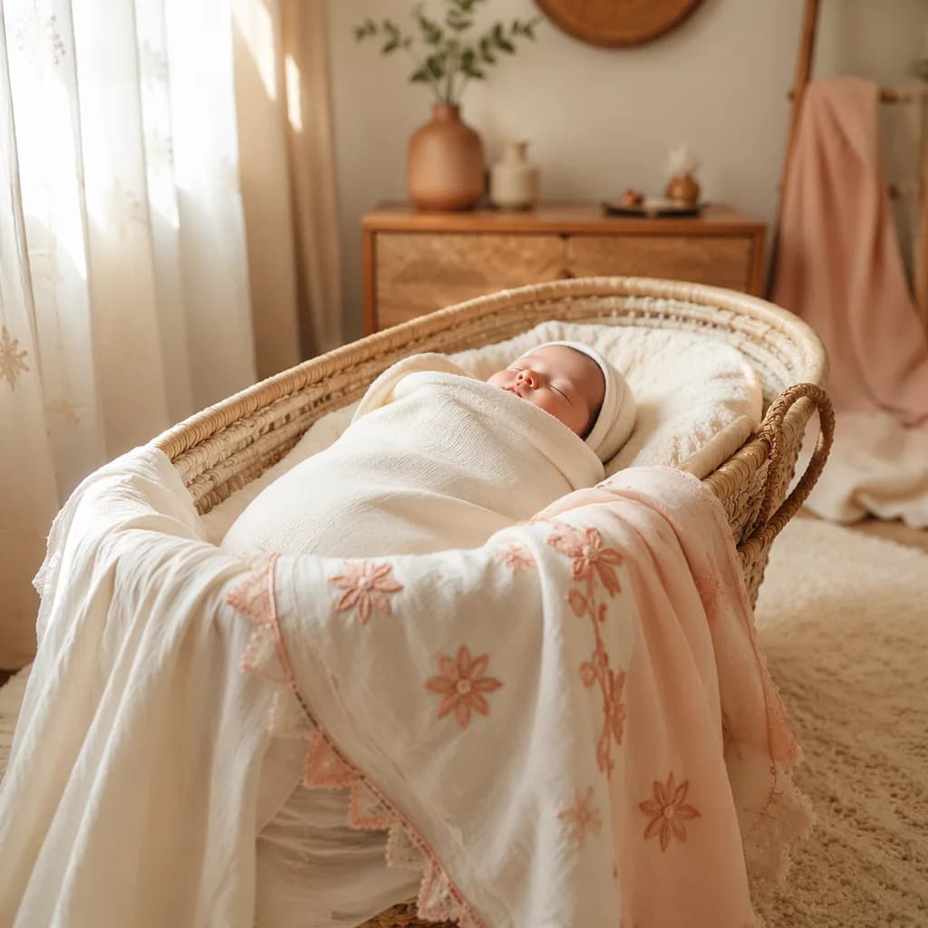 Peaceful swaddled baby in a soft pastel Punjabi-inspired nursery.