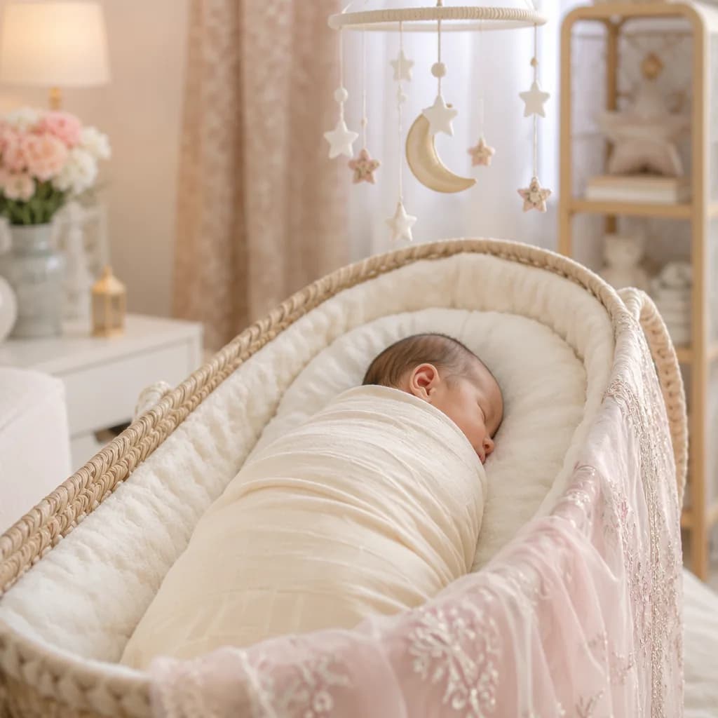 Peaceful newborn in a soft pastel nursery with crescent moon and star decor.