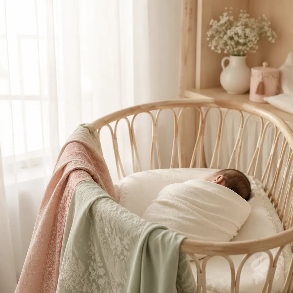 A peacefully swaddled newborn in a warm pastel nursery with soft natural light.