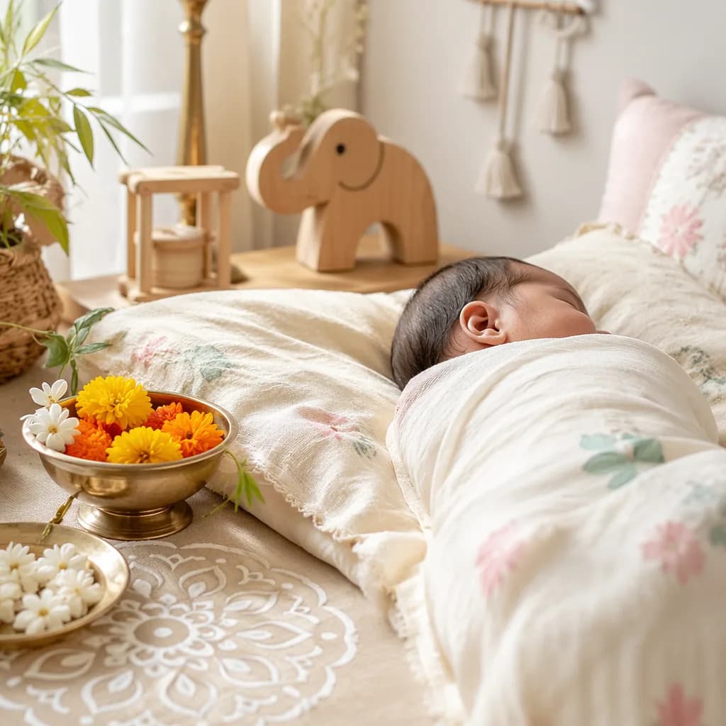 Non-identifiable Bengali newborn in a soft pastel nursery with flowers and gentle prosperity-inspired decor.