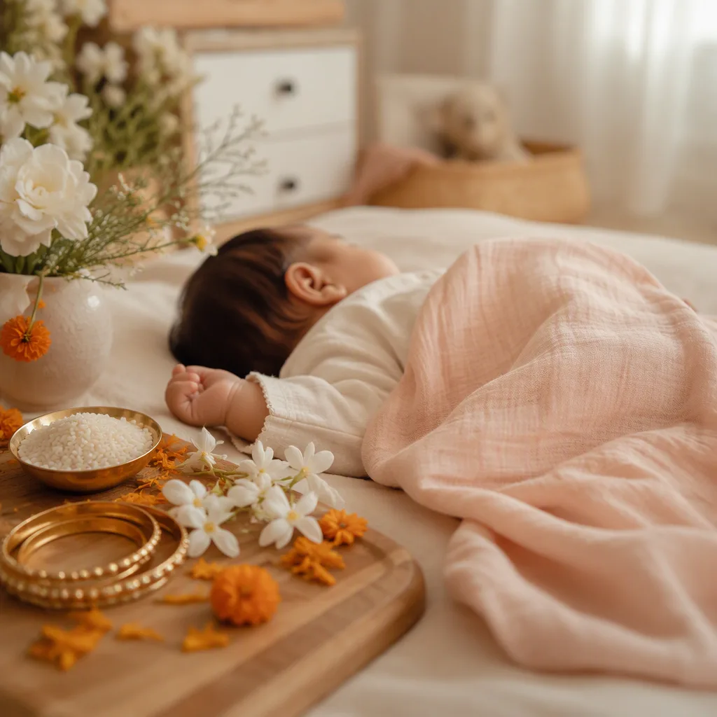 A cozy Bengali-inspired nursery scene with a sleeping baby and soft floral symbols of prosperity and beauty.