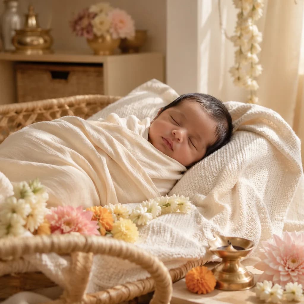 Sleeping newborn in a warm pastel nursery with soft Indian-inspired floral decor.