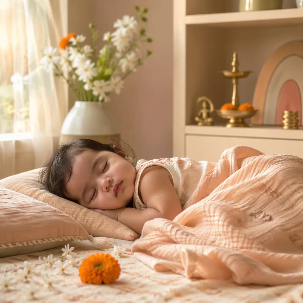 A peaceful baby in a soft pastel nursery with gentle Indian-inspired floral accents.