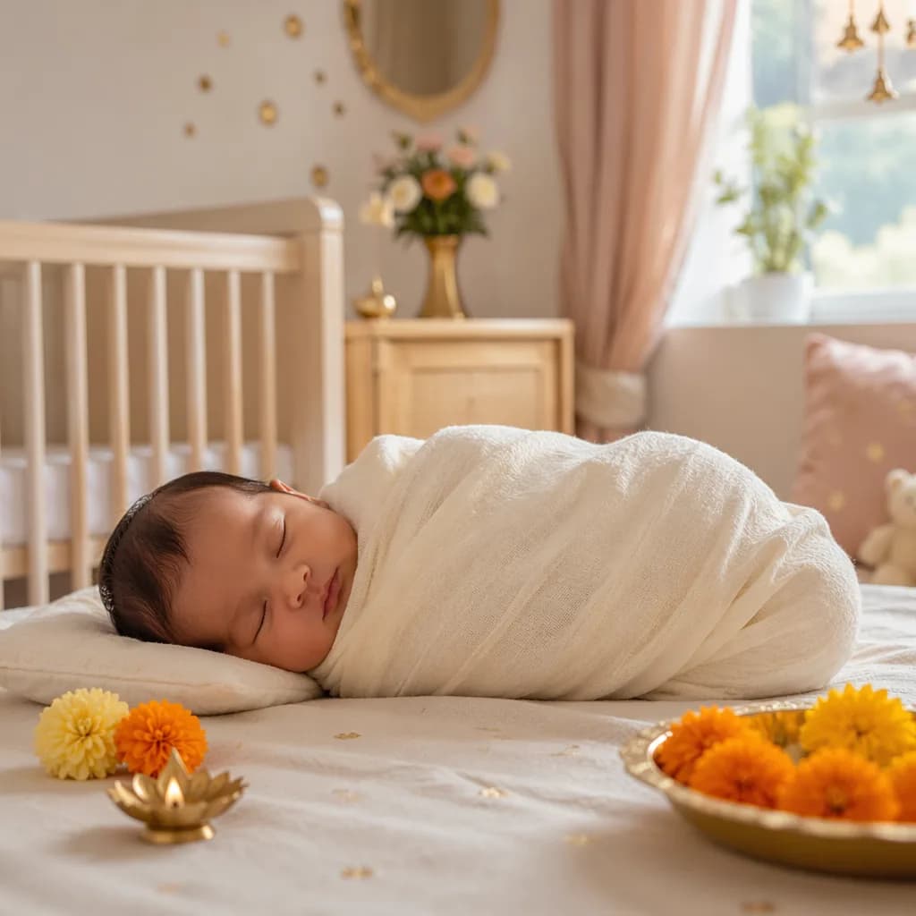 A peaceful swaddled baby in a softly lit nursery with pastel Indian-inspired decor.