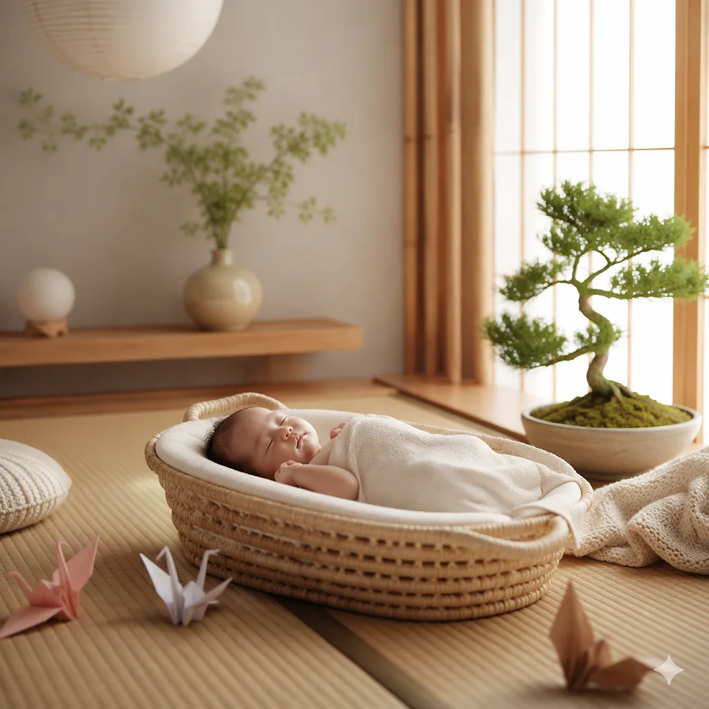 Peaceful Japanese-inspired nursery with a newborn in soft natural light