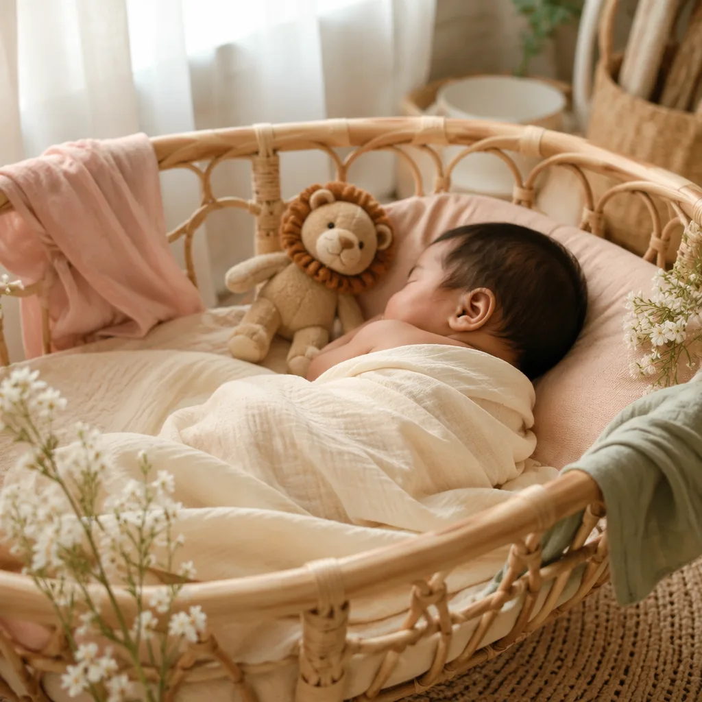 Filipino baby sleeping in a soft pastel nursery with rattan and floral details.