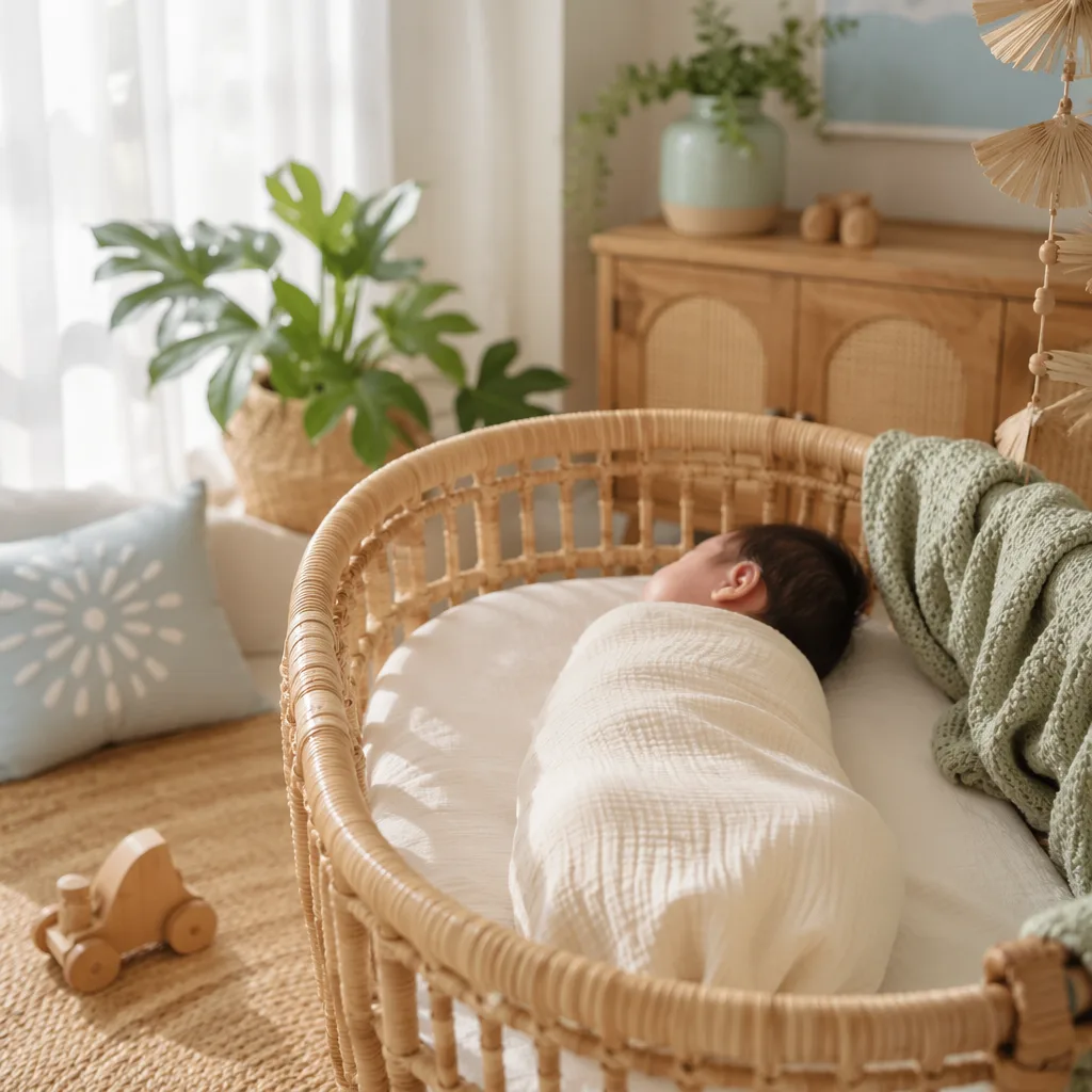 A Filipino baby napping in a soft pastel nursery with warm natural light and woven accents.