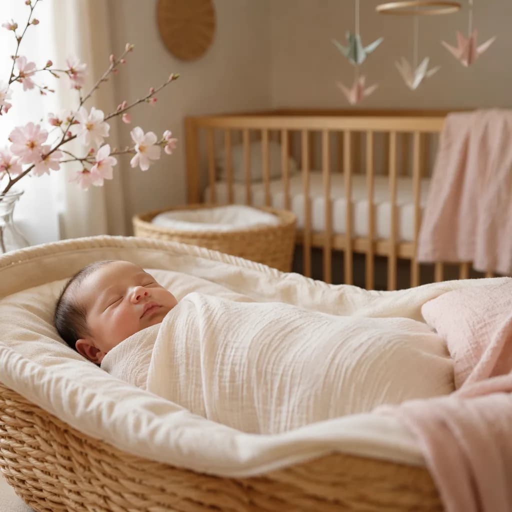 Peaceful newborn in a soft pastel Japanese-inspired nursery with delicate floral accents.
