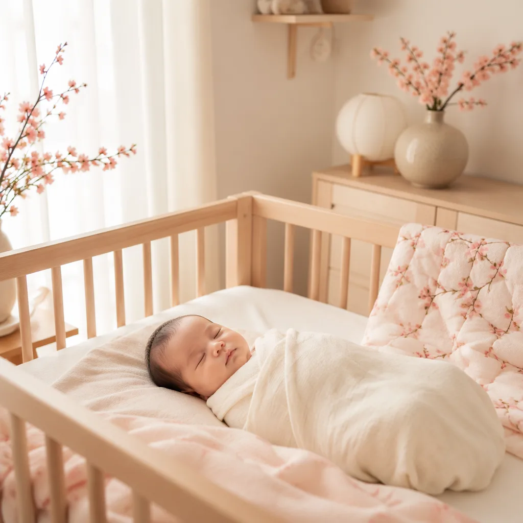 A peacefully sleeping baby in a soft Japanese-inspired nursery with peach blossom accents.