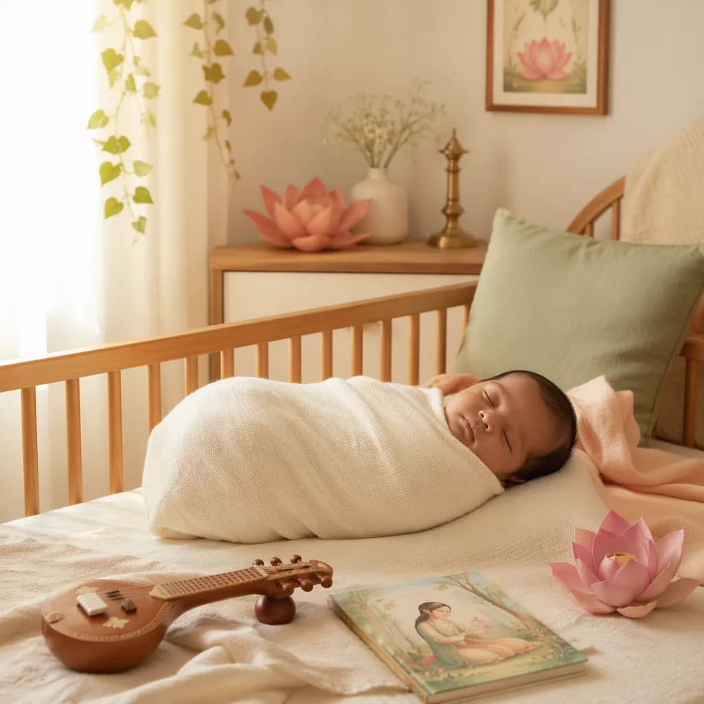 A peaceful pastel nursery with a swaddled sleeping baby and subtle Sanskrit-inspired decor.