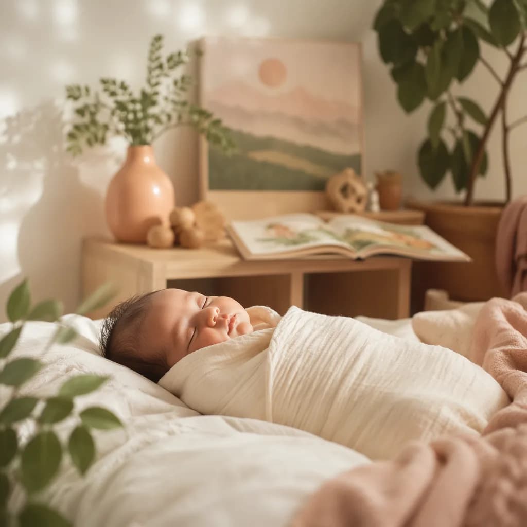 A serene pastel nursery with a swaddled sleeping baby in gentle natural light.