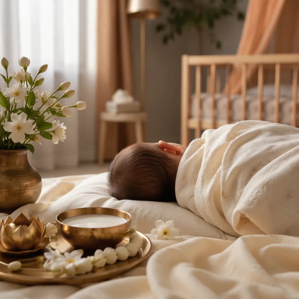 Peaceful baby in a soft pastel nursery with jasmine flowers and a brass nectar bowl.