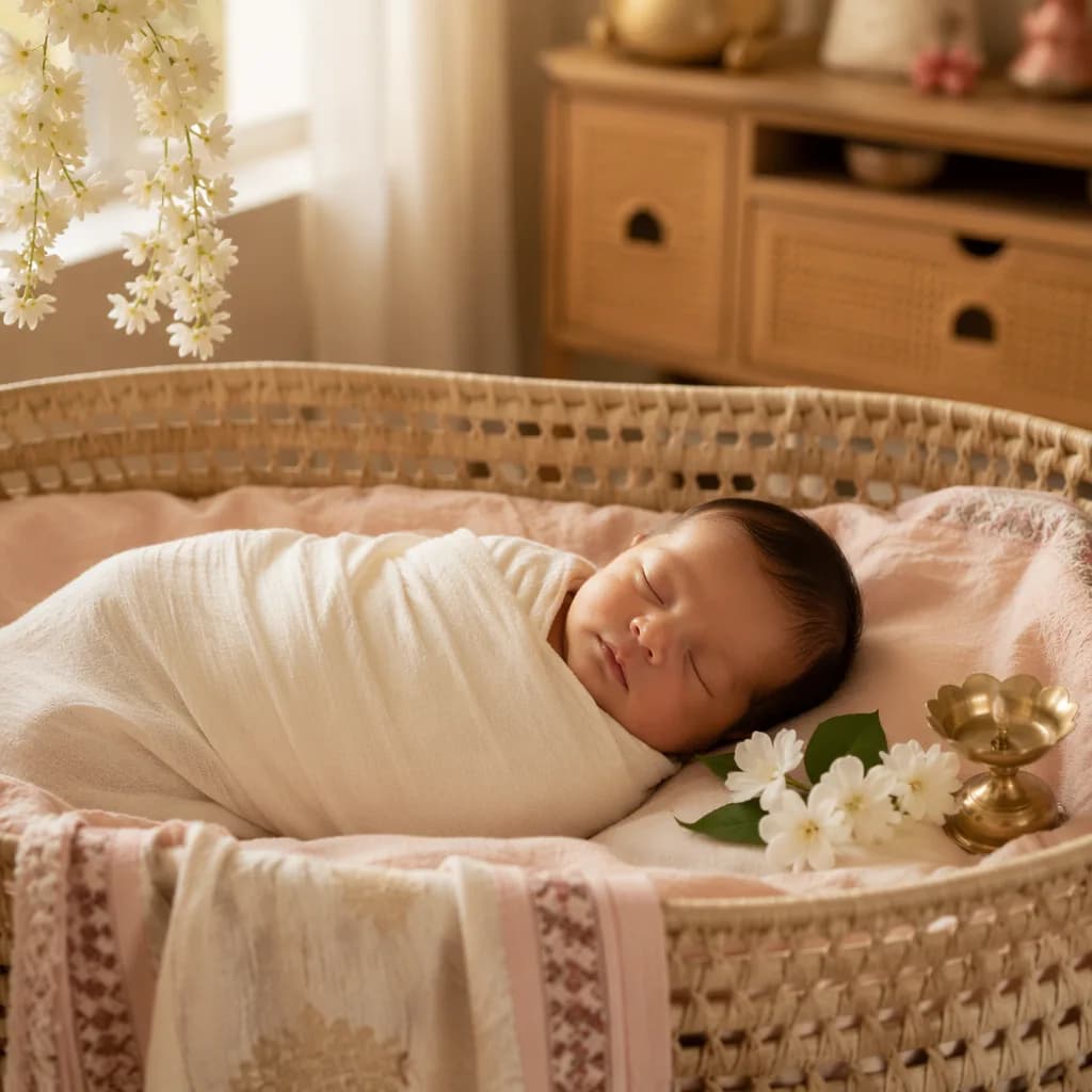 Sleeping Bengali baby in a soft pastel nursery with gentle floral and cultural accents