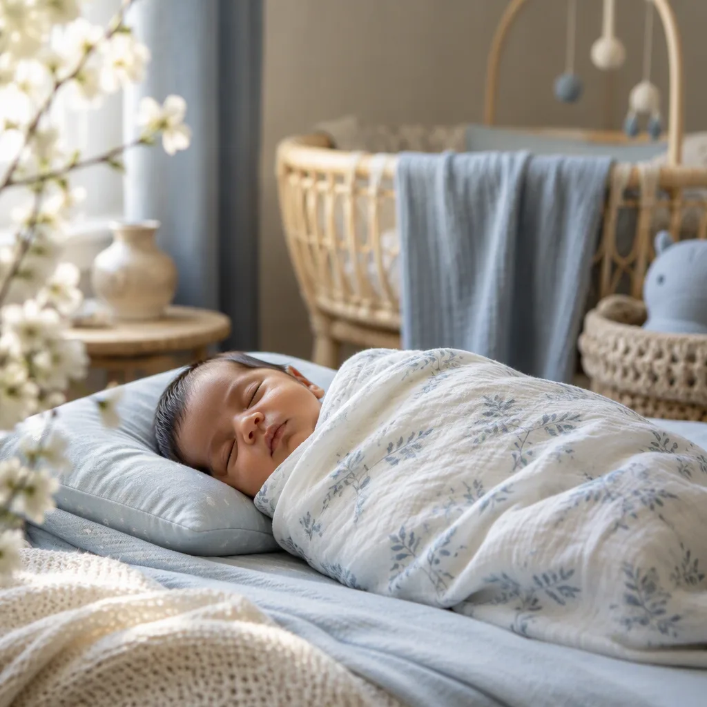 Sleeping baby in a soft blue Bengali-inspired nursery with gentle seasonal decor.