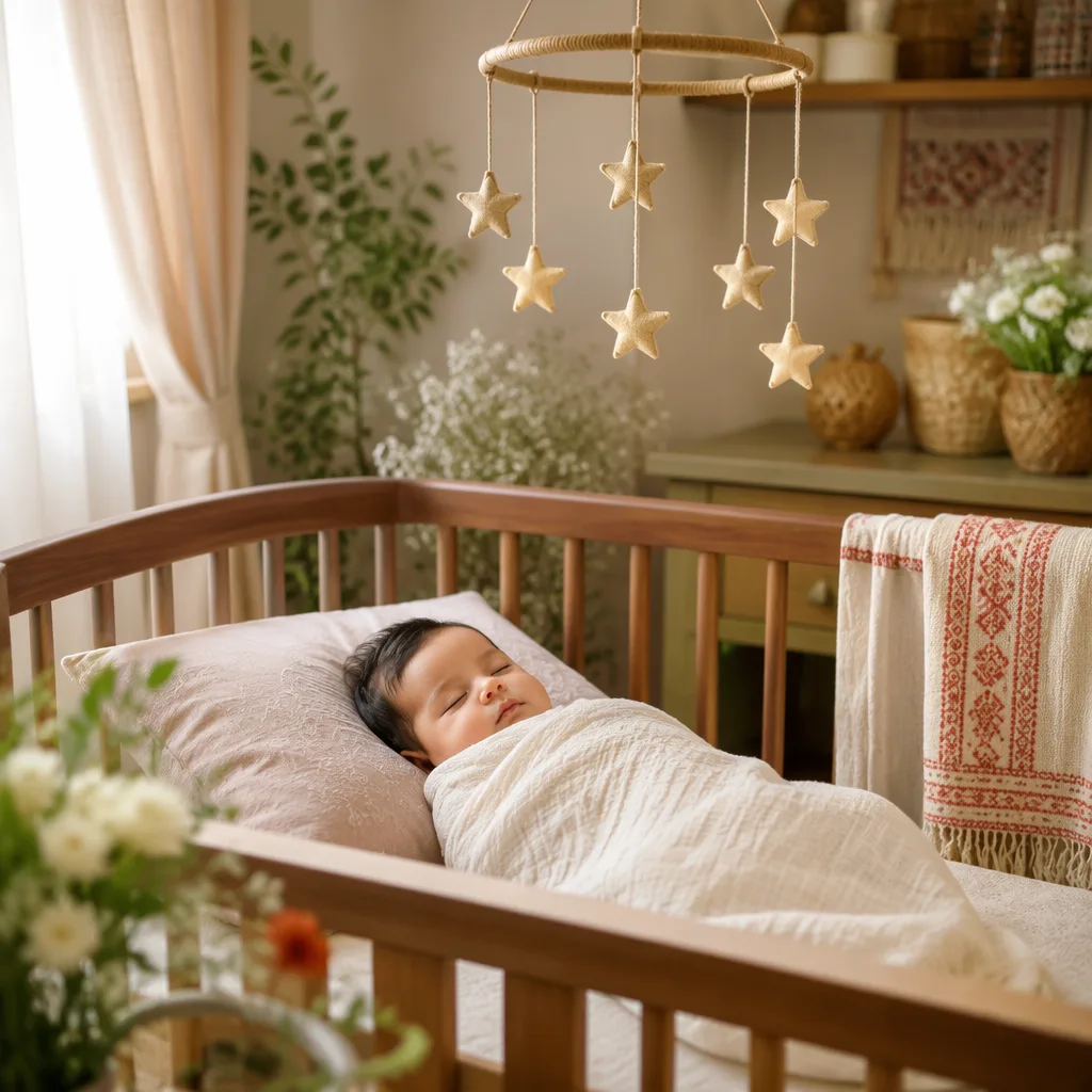 Sleeping baby in a soft pastel nursery with seasonal flowers and a seven-star mobile.