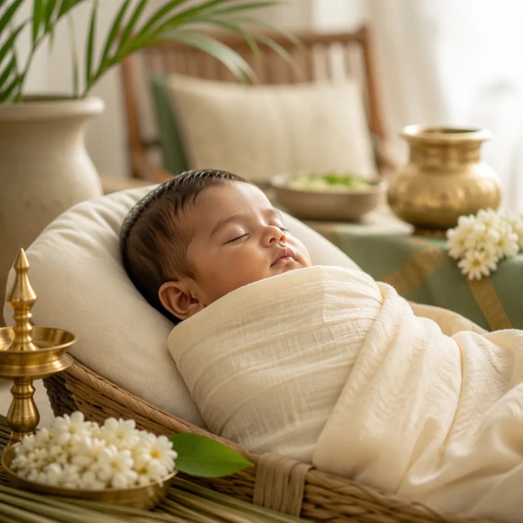 Peaceful baby in a soft nursery with jasmine, brass accents, and warm natural light.
