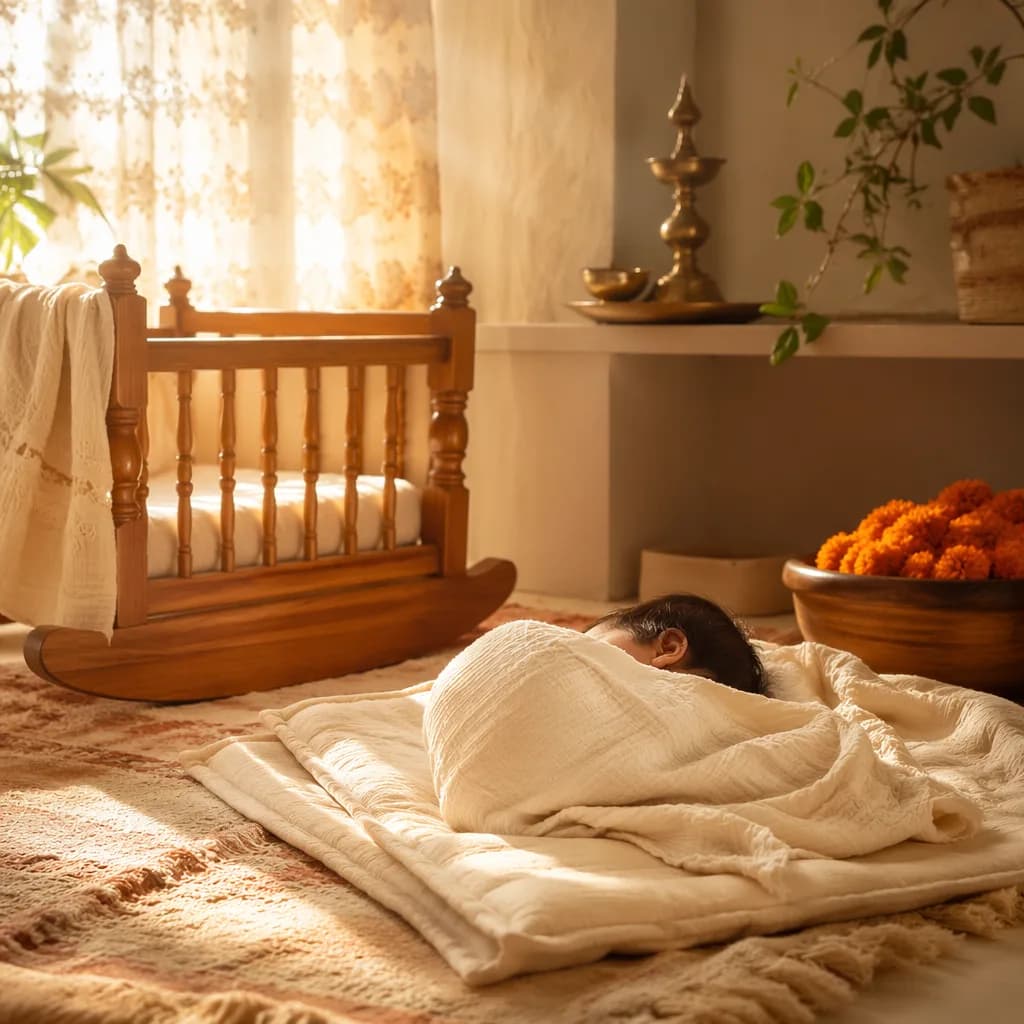 A peaceful nursery with a swaddled baby in warm morning sunlight and soft Sanskrit-inspired decor.
