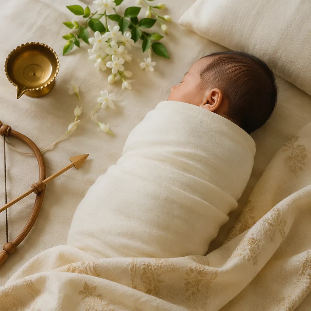 Sleeping baby in a soft Sanskrit-inspired nursery with jasmine, brass accents, and warm natural light.
