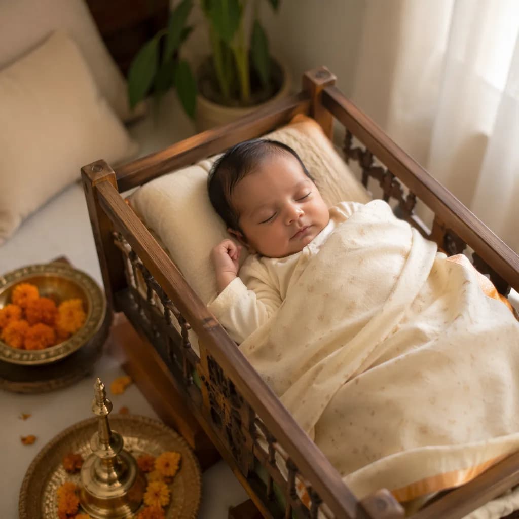 A serene Hindi-inspired nursery scene with a sleeping baby, soft blankets, marigold petals, and warm natural light.