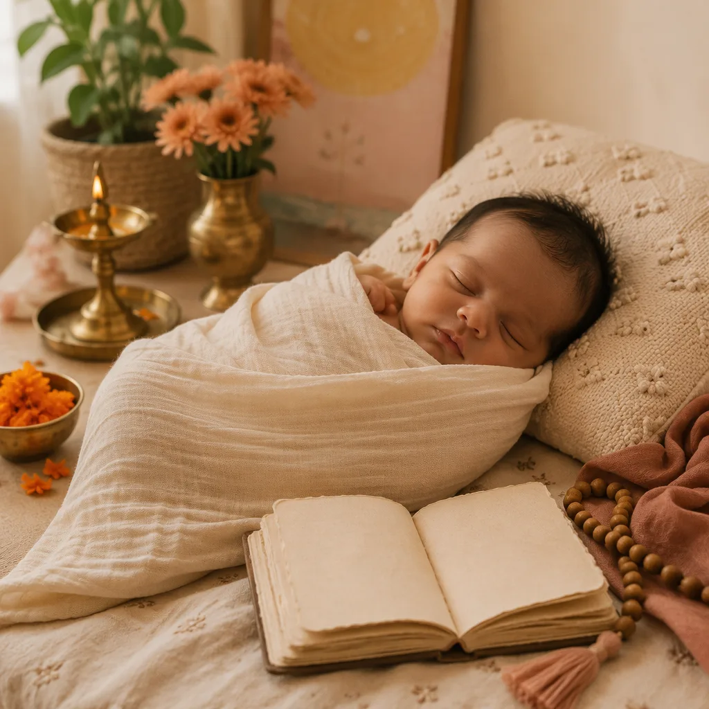Sleeping newborn in a soft nursery with gentle Sanskrit-inspired ritual and wisdom details.