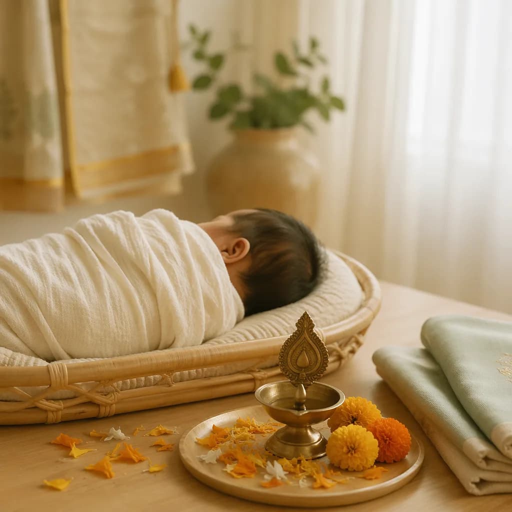A softly lit nursery scene with a swaddled baby, marigold petals, and a brass diya.