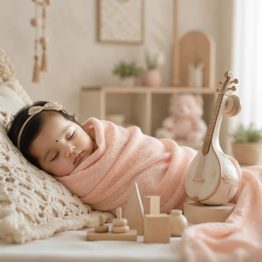 Peaceful baby in a soft pastel nursery with graceful Indian-inspired details.
