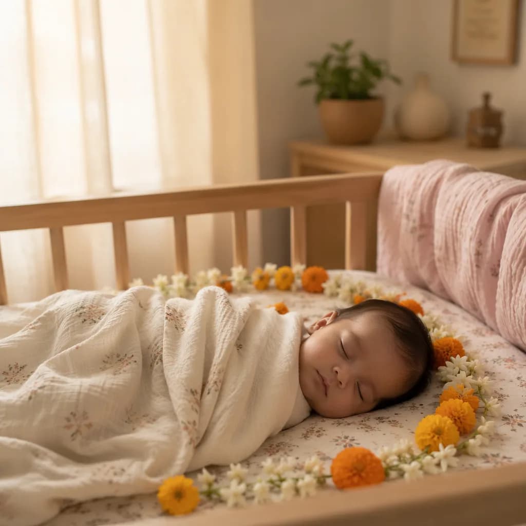 Sleeping baby in a soft pastel nursery with a delicate flower garland.