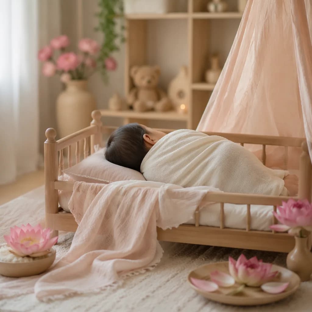 Peaceful baby in a pastel nursery with lotus accents.