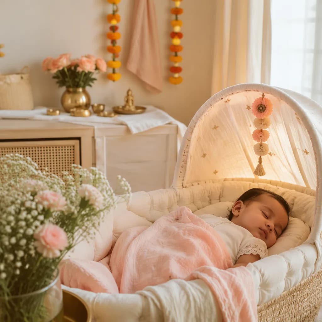 A peaceful baby sleeping in a warm pastel nursery with subtle Indian floral accents.