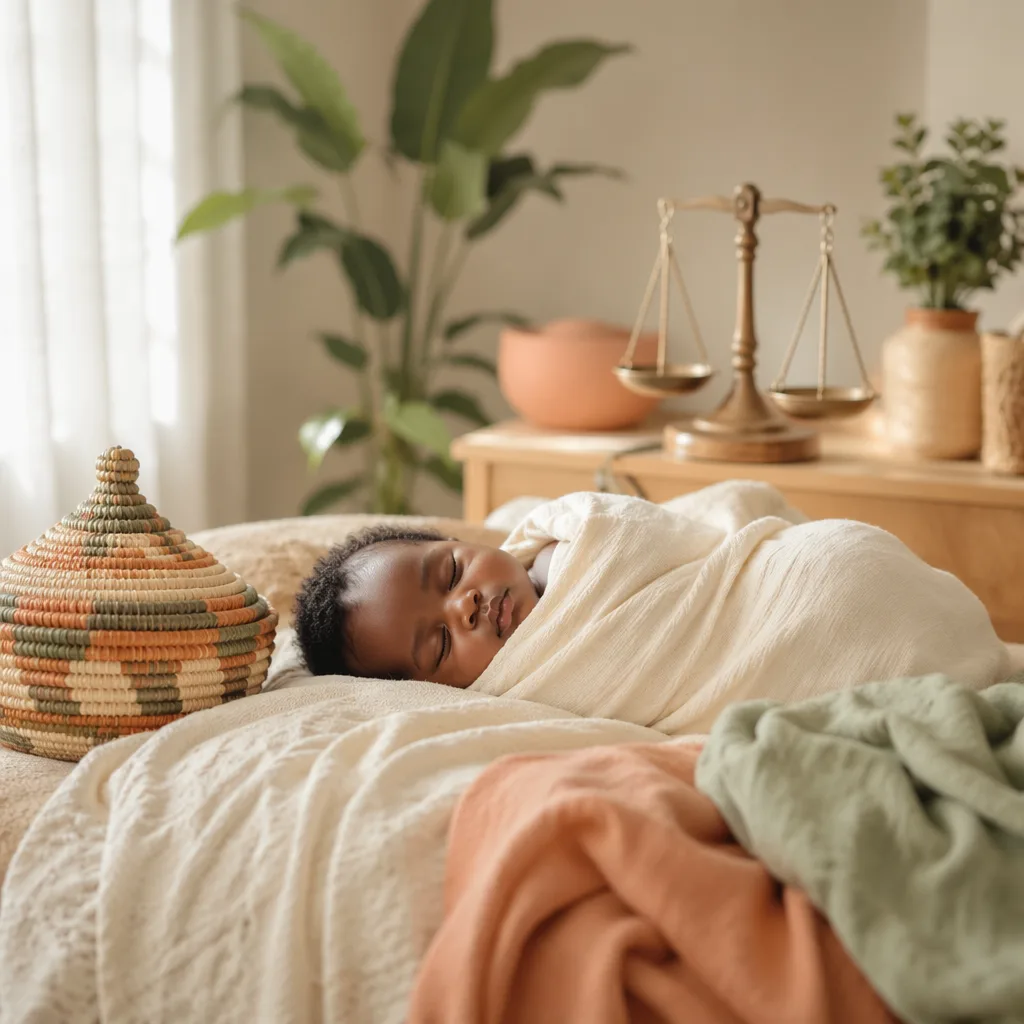 Sleeping swaddled baby in a warm pastel nursery with woven basket and balance scale.