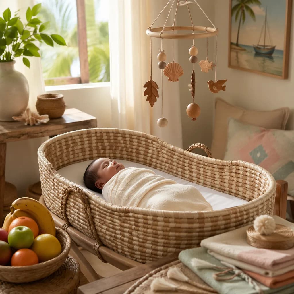 Sleeping baby in a cozy pastel nursery with woven basket and fruit, symbolizing blessing and provision.